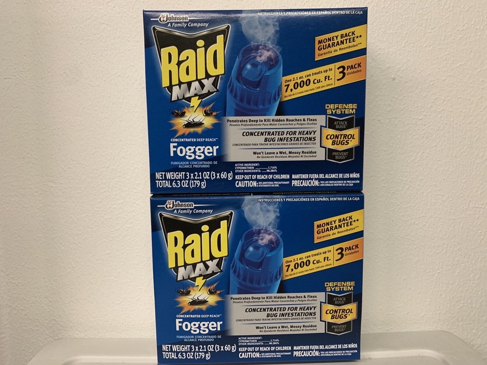 2 PK NEW RAID MAX CONCENTRATED DEEP REACH FOGGER Kills Roaches & Fleas 3 cans ea