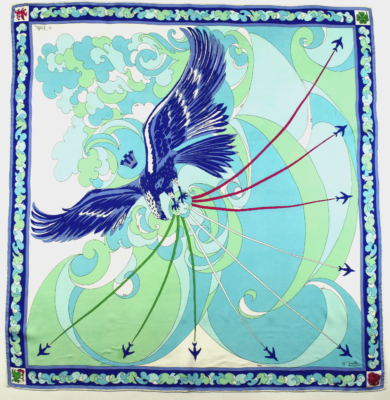 Foulard Vintage Authentique Emilio Pucci En Soie 100% - Motif Floral Multicolore - Fait Main En Italie - Occasion Bon état