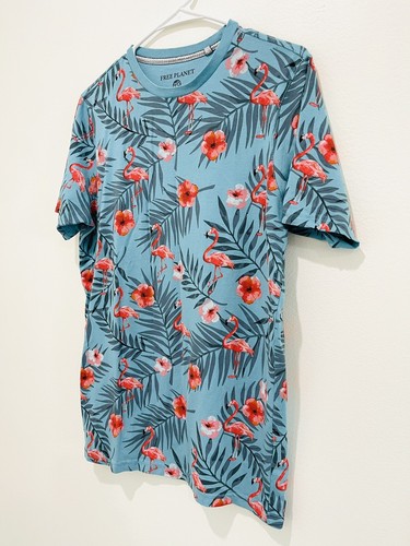 Free Planet Junior Boys T-Shirt Cotton Blue Hawaiian Flamingo Print Size Small - Picture 2 of 6