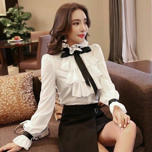 Camicia donna volant CAMICIA top vittoriana vintage bianca maniche lunghe chiffon nuova - Foto 5 di 8
