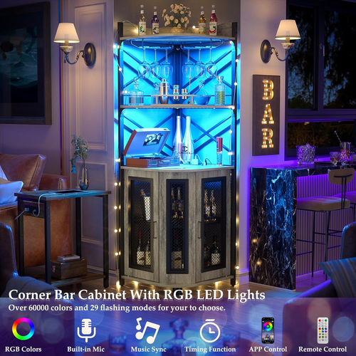 Corner Bar Cabinet with Power Outlet, Industrial Wine Cabinet with LED Strip and - Picture 3 of 12