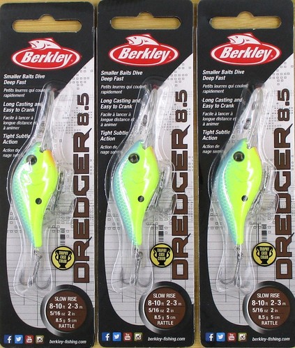 (3) Berkley 2" Dredger 8,5 Slow Rise 5/16 Oz Deep Dive Crankbait Blue Chartreuse