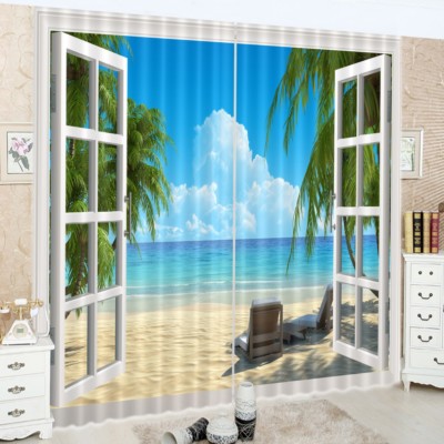 3D Blue Sky Sandy Beach Palm Trees Scenic Window Curtains Blockout Drapes Fabric