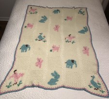 Vintage Hand Crochet Baby Blanket 38x54 Ducks Kitties Bunnies