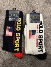 Polo Ralph Lauren Sport USA Flag 2 Pack Pair Socks White/Navy 30 Size 10-13