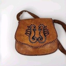 vintage needle point Seahorse leather purse retro 60s 70s garden boho 8 X 8 X 3