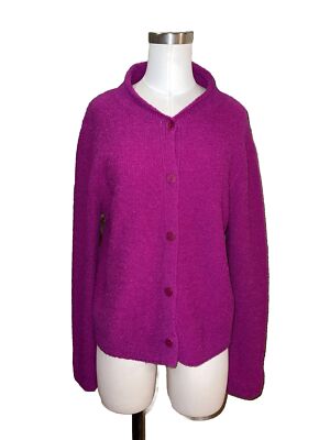 EILEEN FISHER Wool Nylon Cardigan Sweater Small Button Crew Neck L/S Magenta