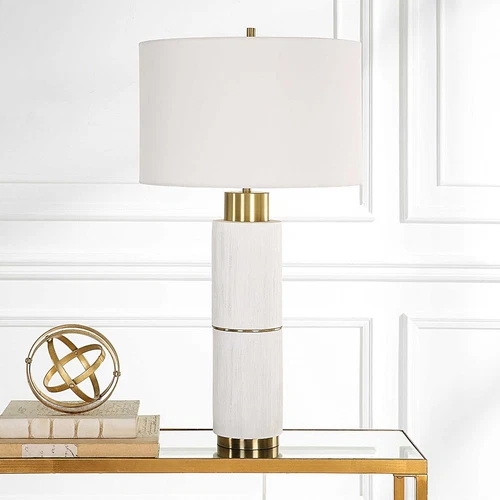 Textured White Faux Wood Column Table Lamp Cylinder Brass Gold MidCentury Modern - Picture 3 of 9