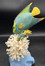 Pair Of Highly Detailed Hand Carved Parrot Fish On Coral Key West Artist