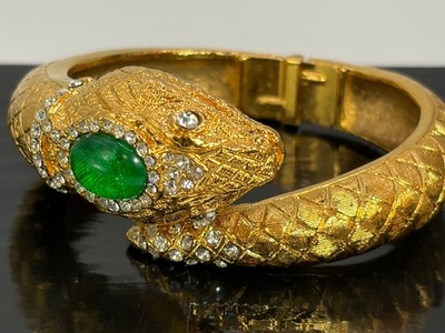 Kenneth Jay Lane KJL Snake Bangle Bracelet Watch Green Glass Rhinestone Vintage