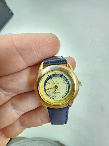 Vintage Peugeot Moon Phase Watch Womens Gold Tone Date Black Leather - Picture 10 of 16
