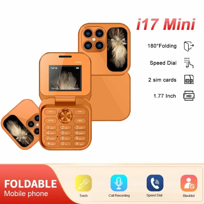 i17 Pro Orange Flip Phone Dual SIM 2G Unlocked Senior Big Bu
