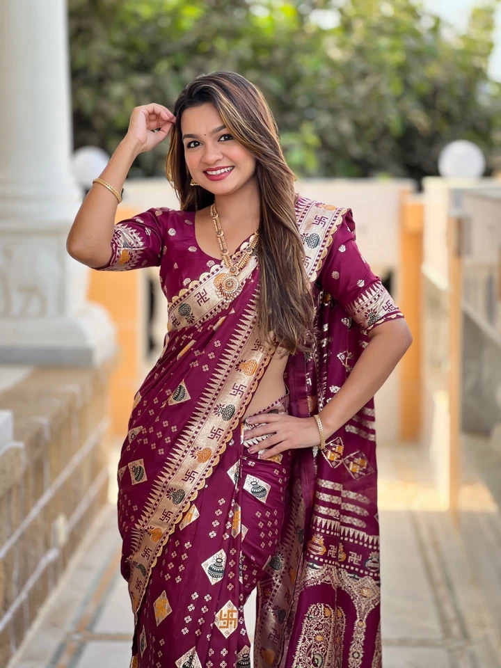 Blusa sari de seda nupcial de diseñador indio Bollywood lista para usar sari étnico sur Foto 3 de 4