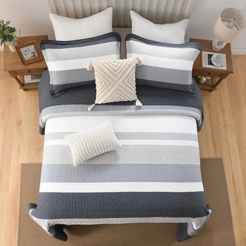 Edredón 100 % algodón de gran tamaño Queen (120"x102") azul marino/gris/blanco Foto 3 de 4