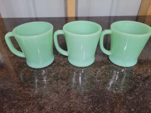 Vintage Fire King Jadeite Coffee Mugs Set of 3 Green D Handle Oven Ware USA