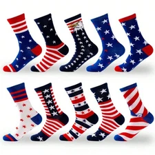 3 Randm Pair USA Patriotic American Flag Red White Blue Novelty Crew Socks Unisx