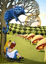 PRINT Of Painting Aceo Alice Wonderland Book Tree Cheshire Cat Signed Orig. Art