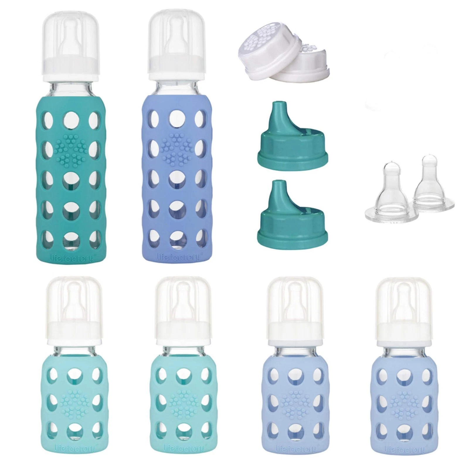 Lifefactory 12 Count Baby Bottle Set Glass And Silicone Mint Lavender Kale Grape