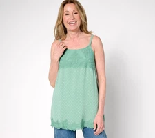 Fashion Women's Top Sz L Woven Clip Dot Tank with Lace Trim Green A695745