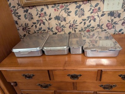 4-VINTAGE FOLEY, MIRRO ALUMINUM CAKE PANS WITH LIDS (2)SLIDER, (2)SNAP ON