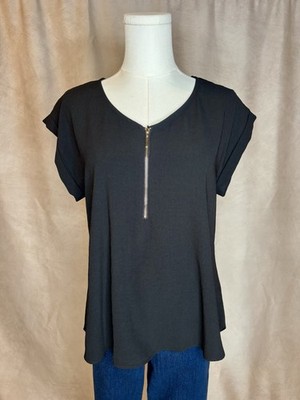 She + Sky Black Zip Front Blouse Flowy Minimalist Tunic Top Size S