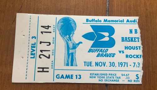 11/30/71 Houston Rockets vs Buffalo Braves NBA Basketball Ticket Stub