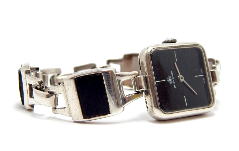 Reloj Bucherer Cuarzo Caja y Pulsera Plata Con Ónix Dama 1950c Necesita Revisión Foto 2 de 4