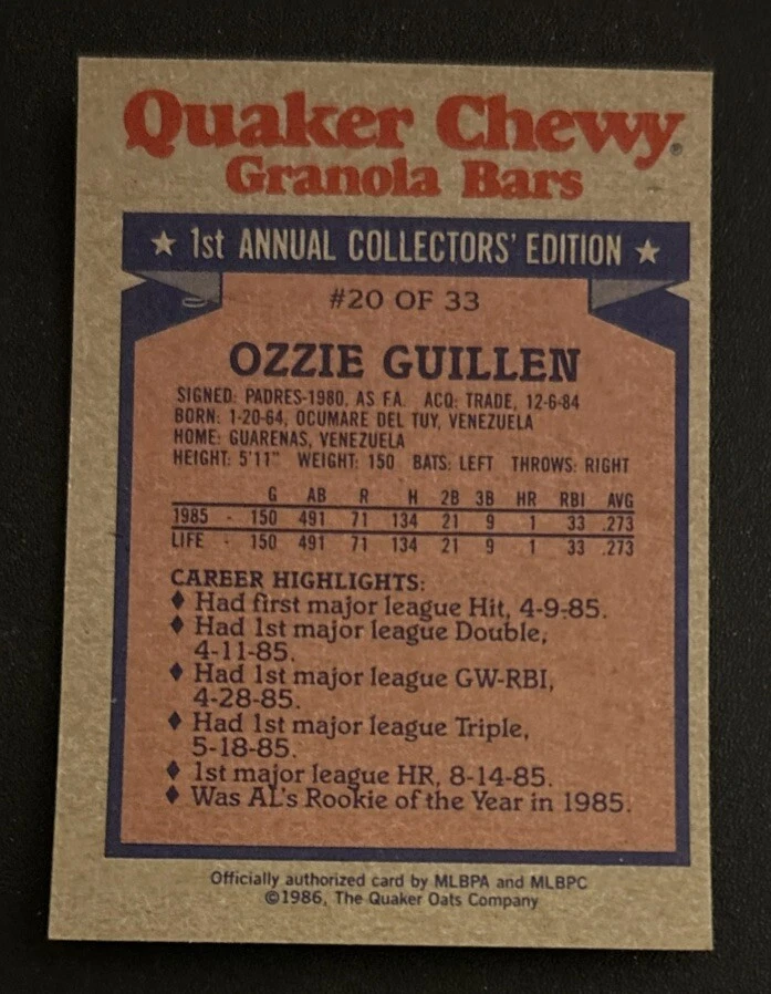 1986 Topps Quaker Chewy Granola Bars Ozzie Guillen Baseball Card #20 White Sox - Image 2 of 2