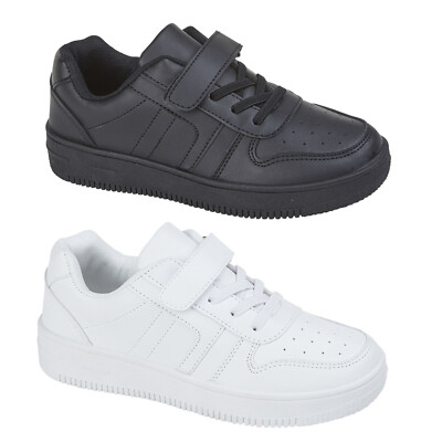 BOYS GIRLS WHITE BLACK TRAINERS CASUAL PE SCHOOL SPORTS KIDS LACE UP SHOES  SIZE UK