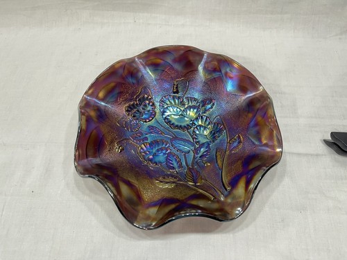 Antique Imperial 9” Black Amethyst PANSY/ARC Patterned Carnival Glass Bowl EUC! - Picture 6 of 16