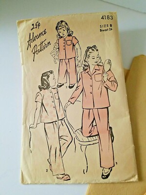 Vintage Advance Pattern 4183 Girls Pajamas 1940s Cut Sz 8