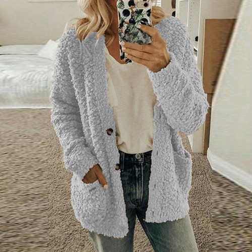Damen Langarm Fleece Flauschige Strickjacke Pullover Tasche Mantel Jacke Oversize - Bild 17 von 32