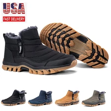 Men Ankle Snow Boots Slip on Winter Waterproof Fur Lined Outdoor Anti-Slip Shoes