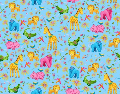 Fun Flannel- Jungle Animals Aqua Fabric - Picture 2 of 2