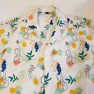 Hawaii Stil Hemd Set Violine Laub Print Vintage Design Musik Jazz Small
