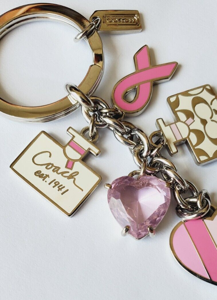 Coach Keychain Pink Cancer Ribbon Pink Swarovski Heart Nurses Cure