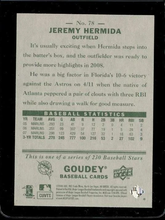 2008 Upper Deck Goudey Baseball Trading Card #78 JEREMY HERMIDA Florida Marlins - Image 2 of 2