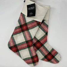 Lauren Ralph Lauren Plaid Red Beige Cuff Christmas Stocking 20" Set of 2