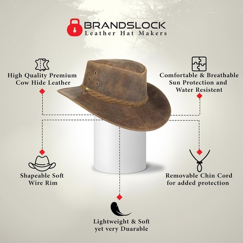 Real Leather Cowboy Hat Mens Vintage Chinstrap Australian Western Style Bush Hat - Picture 56 of 89