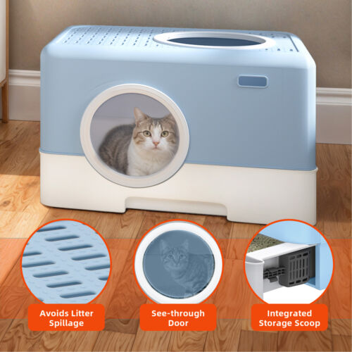 Enclosed Cat Litter Box 20"x15" Slide-Out Tray Toilet Odorless Anti Splash Scoop - Picture 4 of 11