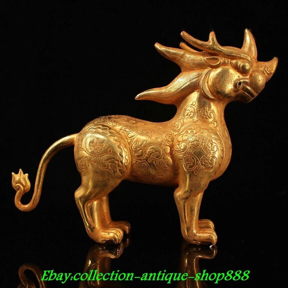 9.4" Antiguo Chino Bronce Dorado Feng Shui Pixiu Dragón Unicornio Bestia Animal Estatua Foto 4 de 4