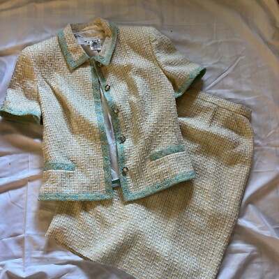 Escada Tweed Button Up Jacket and Skirt Yellow and Blue Pattern 2-Pc Set