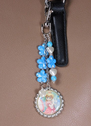 Princess Peach Flower Heart Beaded Handmade Purse Charm Bag Clip Blue New - Picture 4 of 4