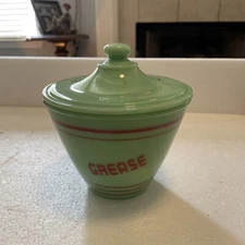 Jadeite Green Glass Red Letter Grease Jar / Lid in Excellent Condition