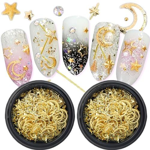 Caja de 2 Dijes de Uñas Estrella Luna Dorada Uñas Arte Tachuelas 3D Metálicas Estrella Luna Uñas - Imagen 6 de 7