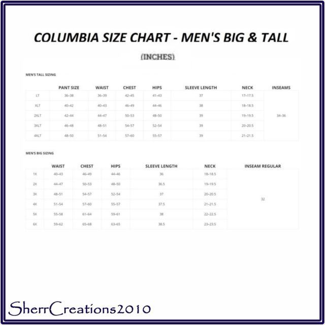 Columbia Pants Size Chart