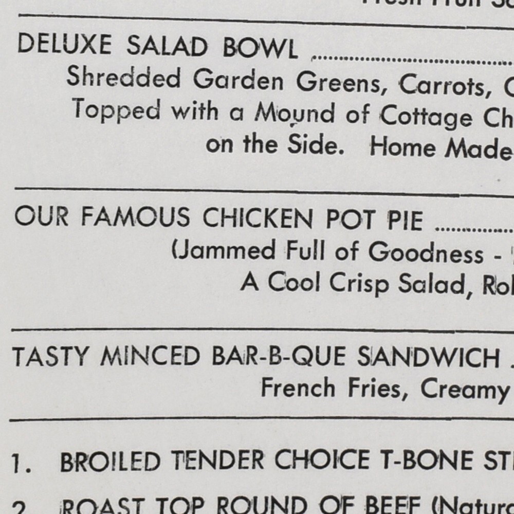 Menú de salón de cócteles Biloxi 1962 camarones pollo pastel picado barbacoa sándwich