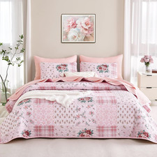 - Floral Quilt Set, Patchwork Design with Flower Plaid Pattern for Country Farmh
