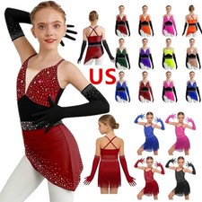 US Kids Girls Jazz Latin Dance Set Cross Back Shiny Rhinestone Dress with Gloves