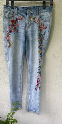 Cherokee Girls Super Skinny Light Blue Floral Embroidered Denim Jeans Size 16